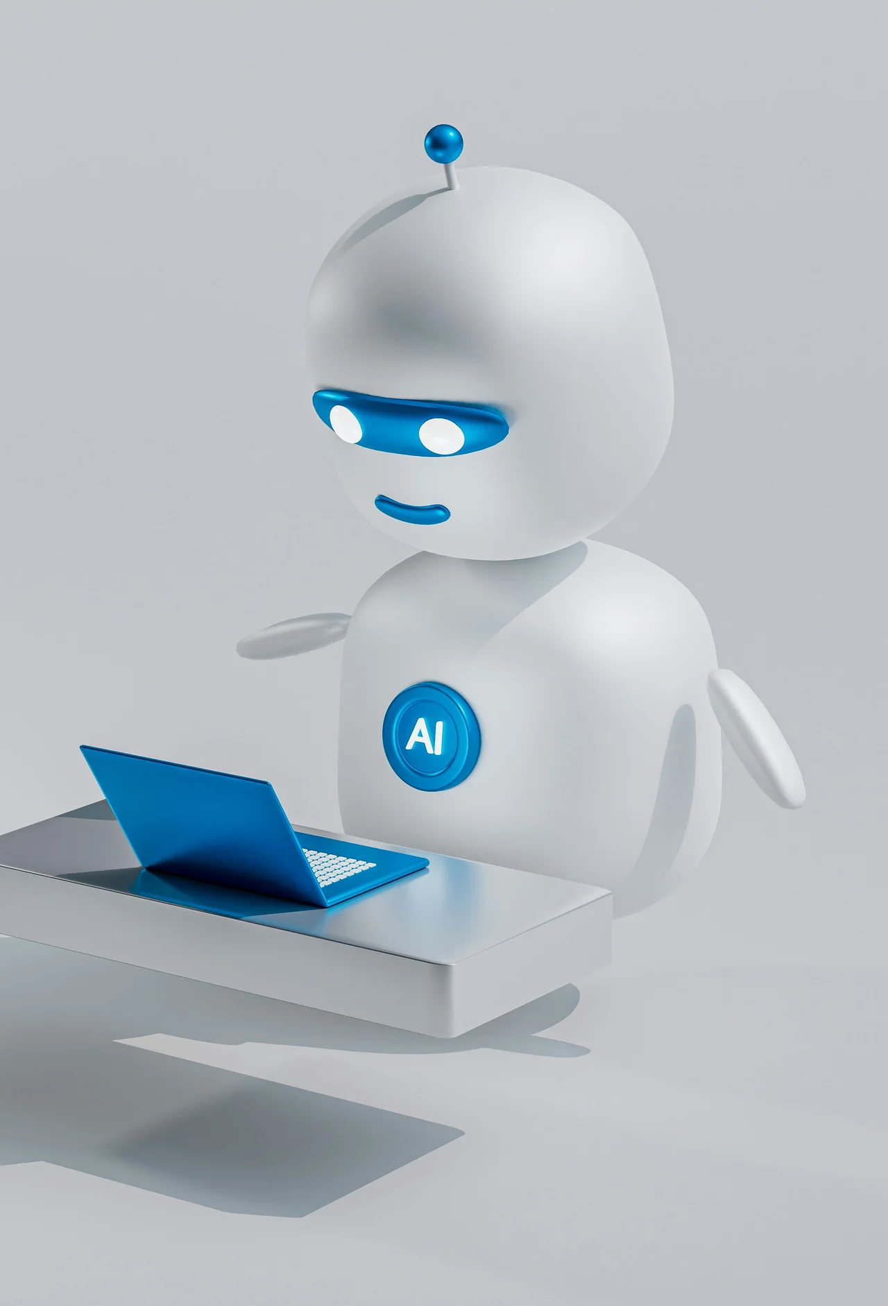 A white AI robot working on a blue laptop at a desk