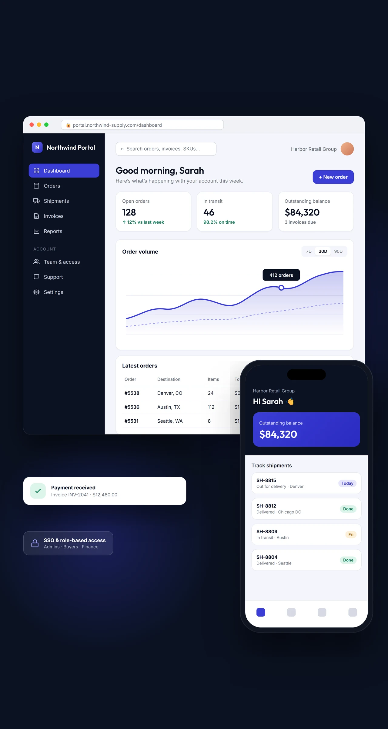 A customer portal dashboard with orders, invoices, and shipment tracking on desktop and mobile